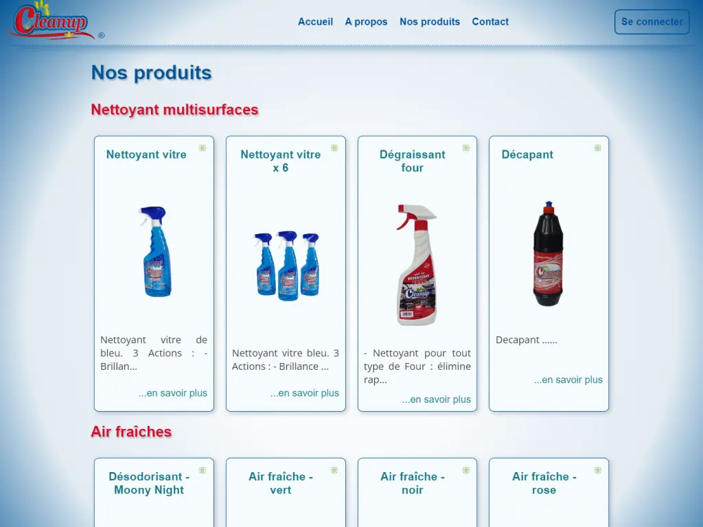 Image of the products page of the Cleanup website