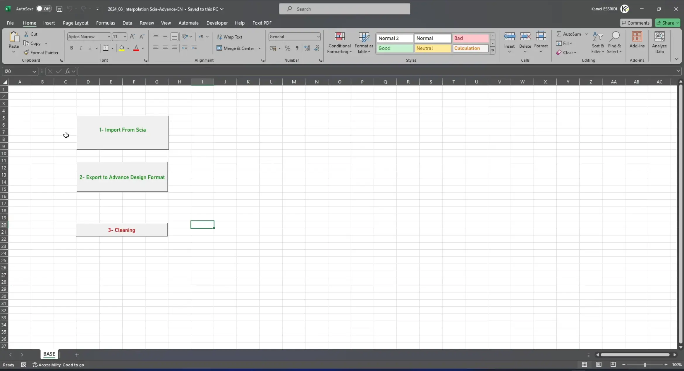 Image of a base Excel sheet used for geometry interpolation between Scia Engineer and Advance Design