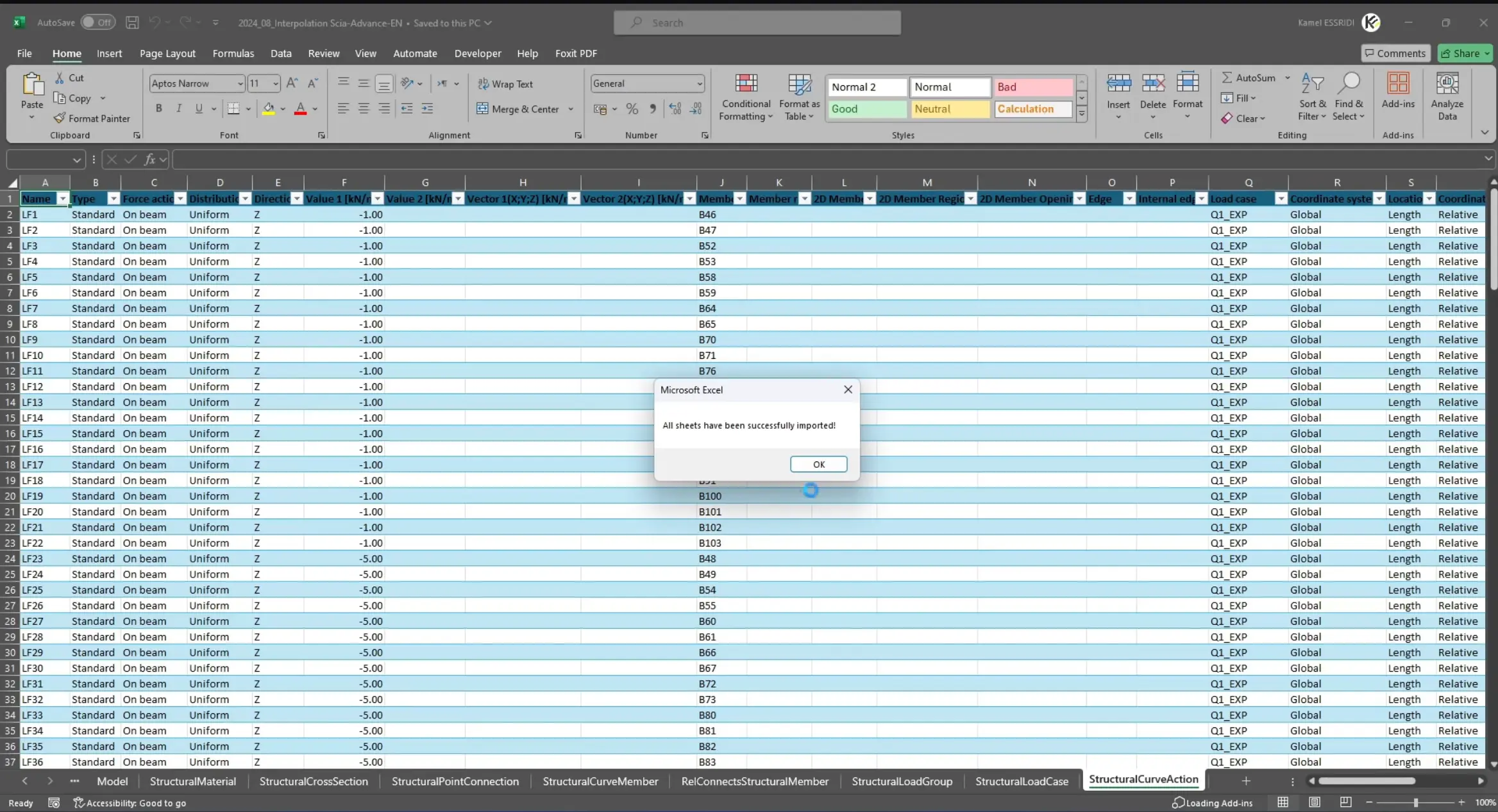 Image of an Excel sheet showing data imported from a Scia export, used for further processing and analysis