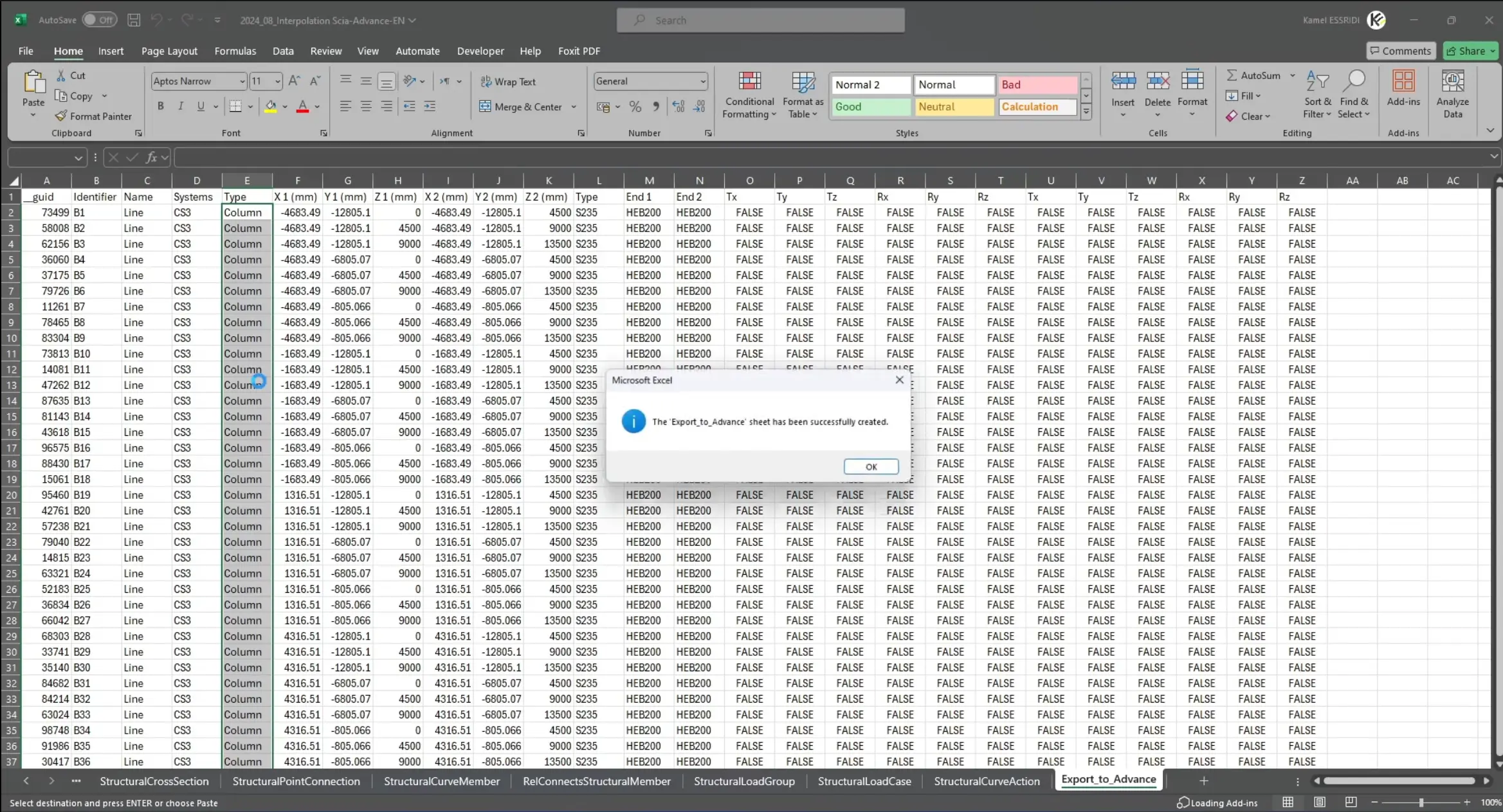 Image of a screenshot of the VBA tool after generating the export sheet for SCIA to Advance Design