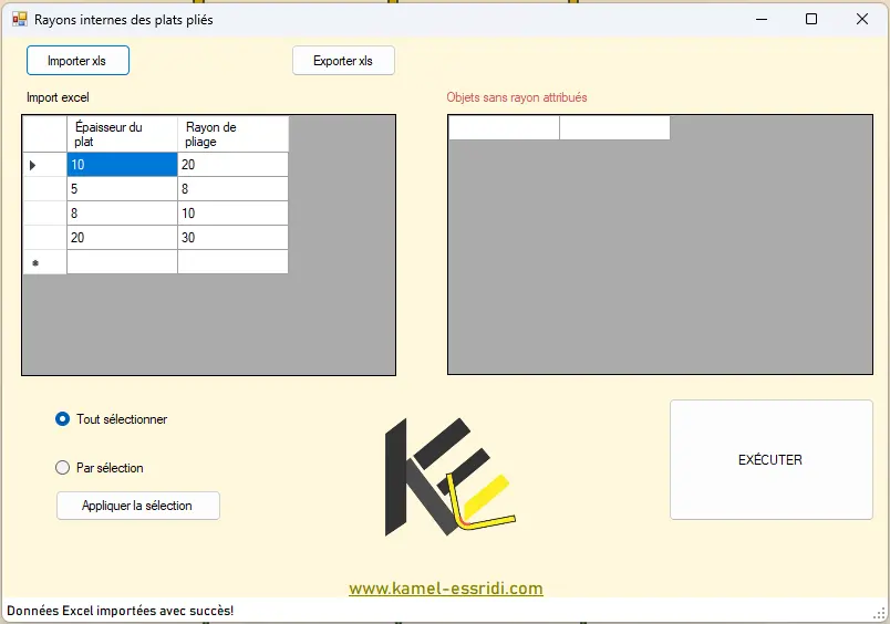 Image of the interface after importing the Excel file for the Internal Bend Radii for Plates application