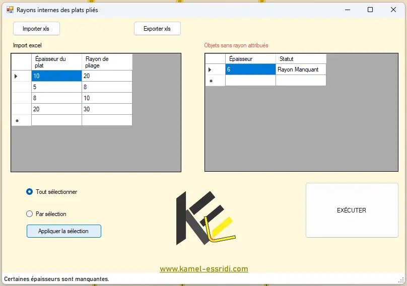 Image of the interface after applying the selection in the Internal Bend Radii for Plates application