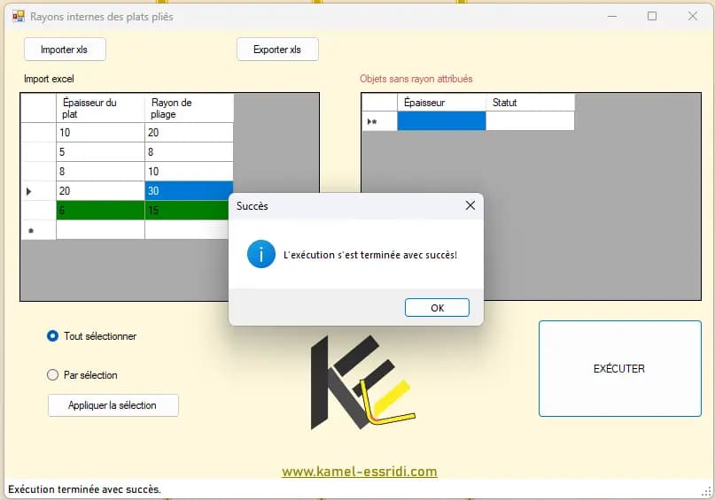 Image showing the interface after executing the process in the Internal Bend Radii for Plates application