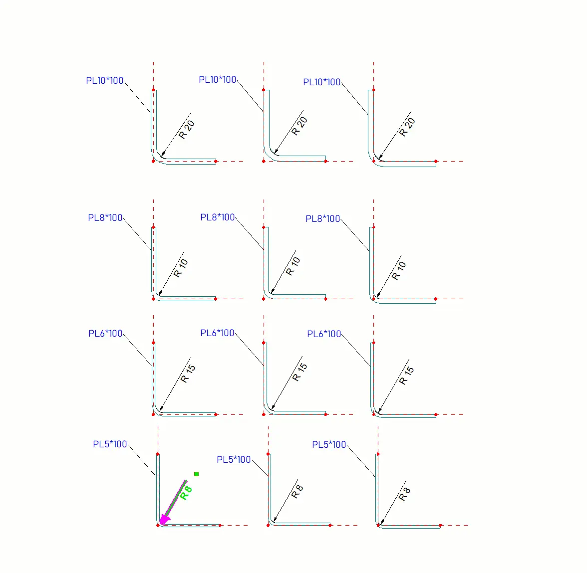 Image showing the verification drawing of the applied radii in the Internal Bend Radii for Plates application