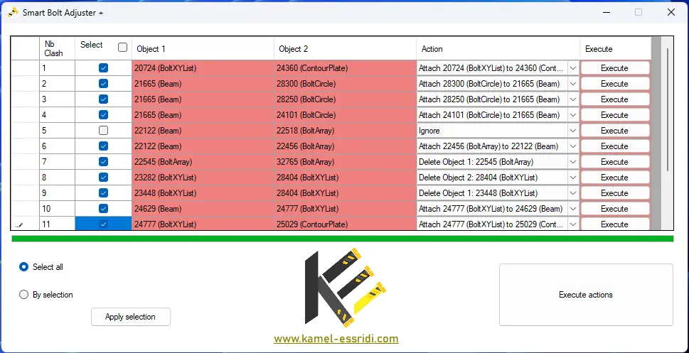 Image of the clashes detection interface of the Smart Bolt Adjuster plus application