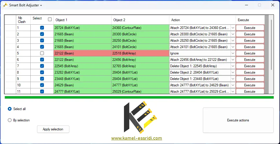 Image of the clashes resolution interface of the Smart Bolt Adjuster plus application